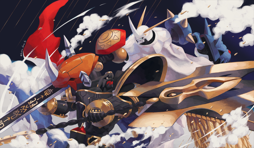 alphamon, alphamon_ouryuuken, arm_blade, armor, battle, black_armor, black_helmet, cape