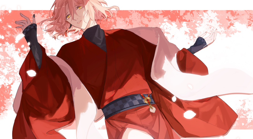 1boy, absurdres, black_nails, black_sash, black_shirt, border, cowboy_shot, falling_petals