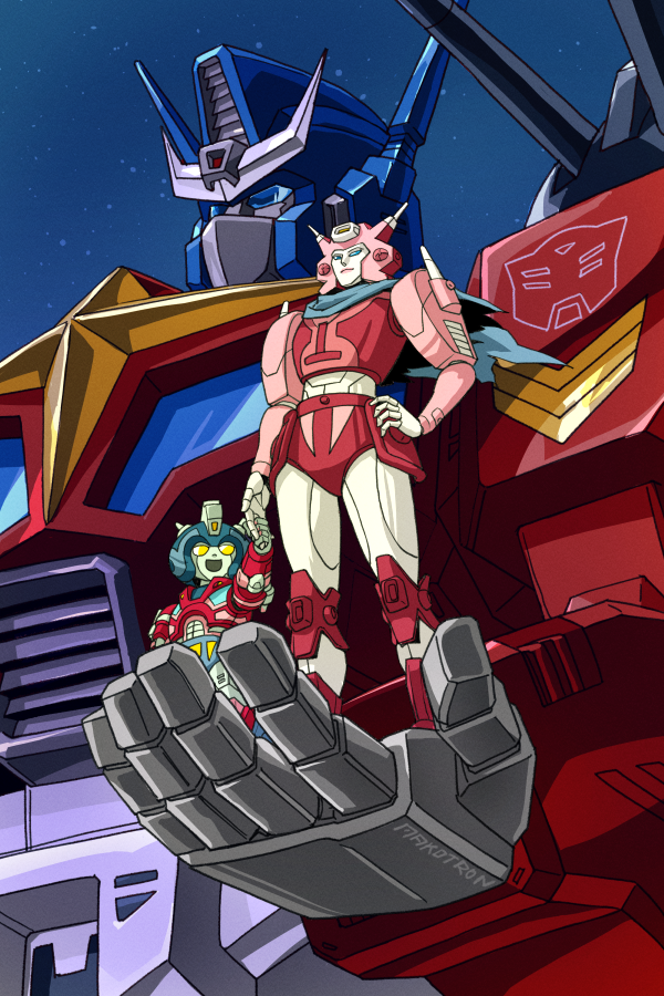1980s_(style), 1girl, 2boys, autobot, blue_eyes, colored_skin, elita_one, family