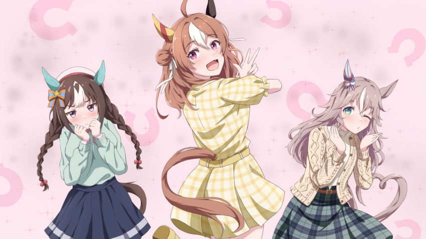 3girls, :d, ahoge, animal_ears, belt, blue_skirt, blue_sweater, blush