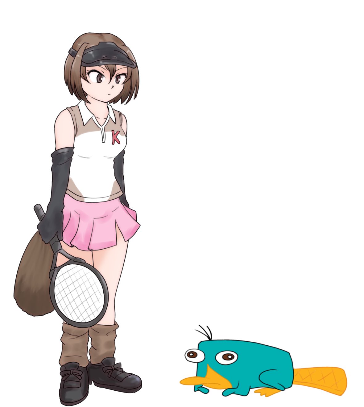 1girl, 1other, bare_shoulders, black_gloves, brown_eyes, brown_footwear, brown_hair, brown_shirt