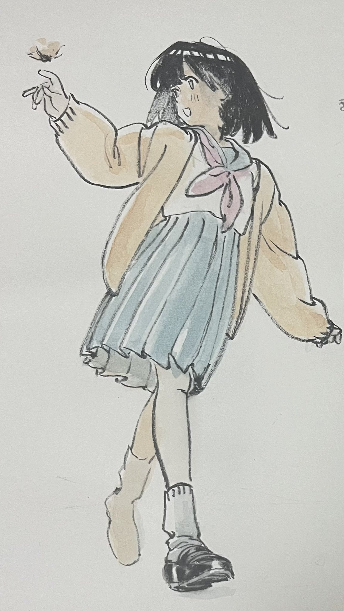 1girl, black_footwear, black_hair, bug, butterfly, full_body, highres, long_sleeves