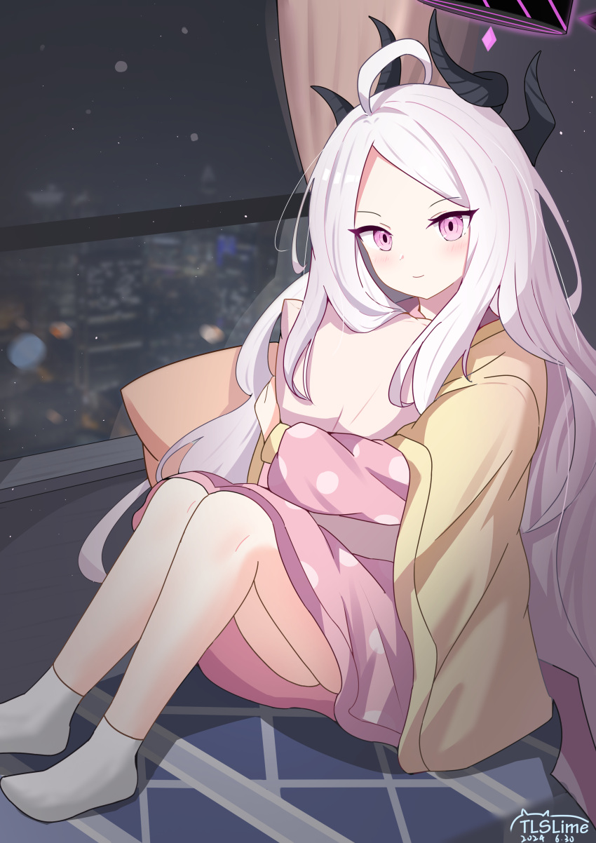 15953210290, 1girl, 2024, absurdres, ahoge, artist_name, blue_archive, blush, chinese_commentary, closed_mouth, commentary_request, dated, demon_girl, demon_horns, full_body, grey_hair, halo, happy, highres, hina_(blue_archive), hina_(pajamas)_(blue_archive), horns, hugging_object, indoors, knees_up, long_hair, long_sleeves, looking_at_viewer, night, no_shoes, pajamas, parted_bangs, pillow, pillow_hug, pink_eyes, pink_pajamas, polka_dot, polka_dot_pajamas, sitting, smile, socks, solo, tsurime, very_long_hair, white_socks, window