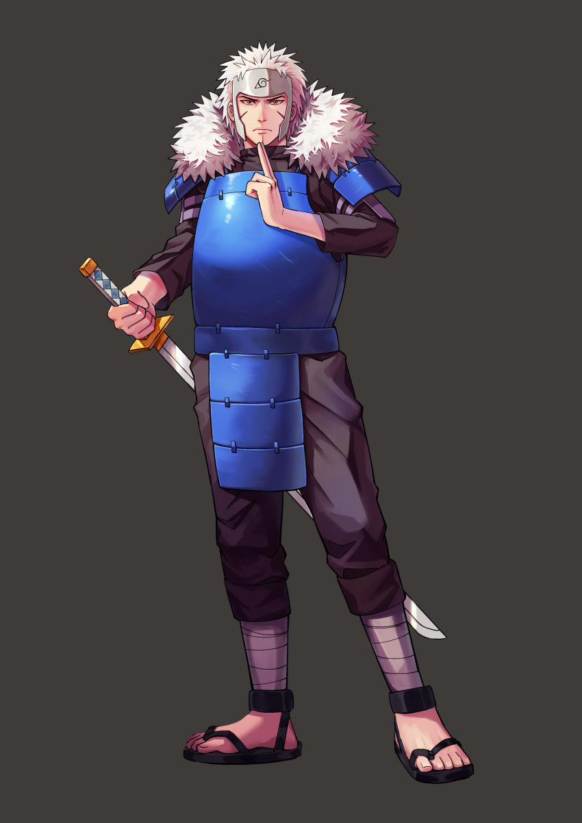 1boy, absurdres, armor, black_pants, black_shirt, blue_armor, breastplate, dandan_mong, facial_mark, full_body, grey_background, highres, holding, holding_sword, holding_weapon, japanese_armor, katana, konohagakure_symbol, looking_at_viewer, naruto_(series), pants, pauldrons, red_eyes, reverse_grip, sandals, senju_tobirama, shirt, short_hair, shoulder_armor, simple_background, solo, spiky_hair, sword, weapon, white_hair