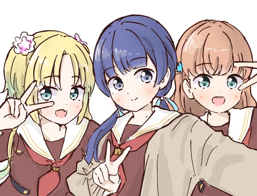 3girls, :d, aqua_eyes, aqua_hair, blonde_hair, blue_eyes, blue_hair, blue_ribbon