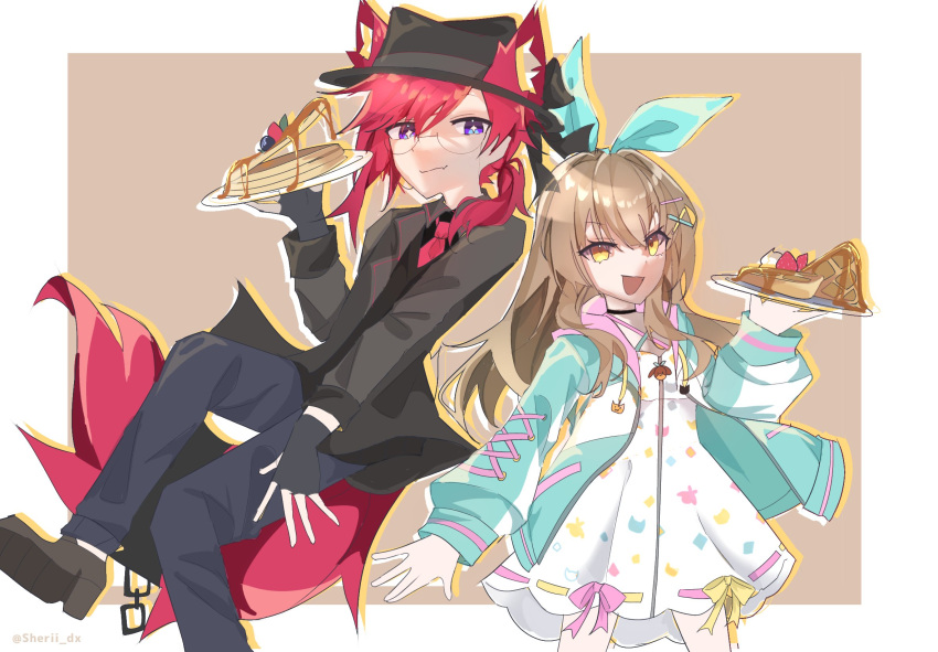1boy, 1girl, androgynous, animal_ears, bishounen, blue_eyes, bow, brown_hair