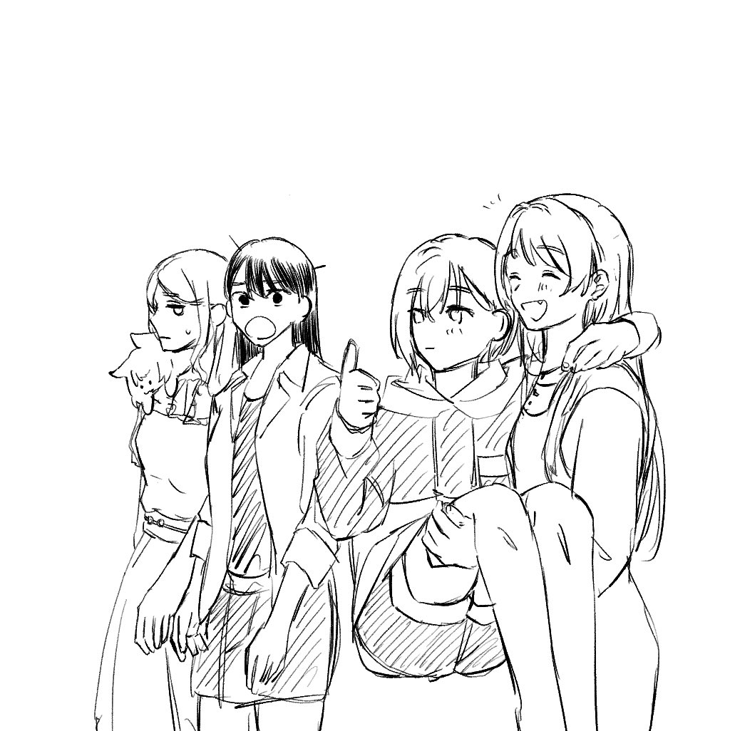2024_summer_olympics, 4girls, animalization, bang_dream!, bang_dream!_it's_mygo!!!!!, blush, chihaya_anon, chinese_divers_princess_carry_(meme), closed_eyes, commentary, fang, greyscale, hashtag-only_commentary, hood, hoodie, jacket, kaname_raana, long_hair, meme, michi_zone8, monochrome, multiple_girls, mygo!!!!!_(bang_dream!), nagasaki_soyo, olympics, open_clothes, open_jacket, open_mouth, shiina_taki, shirt, shorts, sketch, skirt, sleeves_past_elbows, smile, sweatdrop, takamatsu_tomori