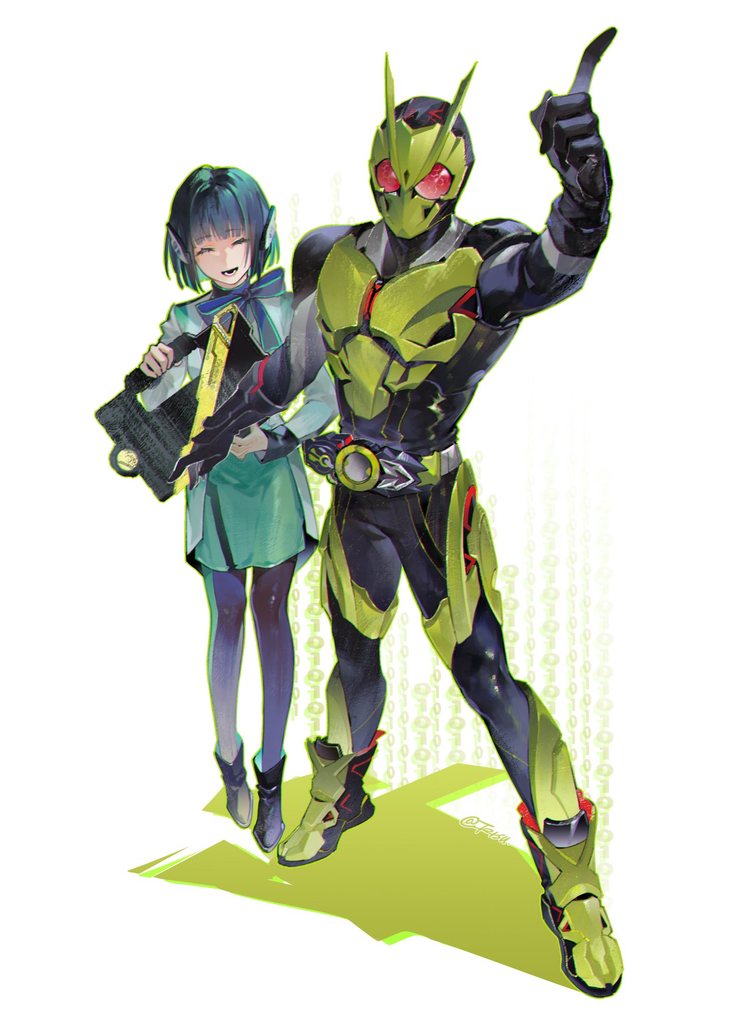 1boy, 1girl, aqua_dress, armor, black_bodysuit, black_hair, black_pantyhose, bodysuit, closed_eyes, coat, dress, full_body, green_armor, highres, is_(kamen_rider_01), kamen_rider, kamen_rider_01_(series), kamen_rider_zero-one, medium_hair, pantyhose, power_armor, red_eyes, tetsuuut, white_coat, zero_one_driver
