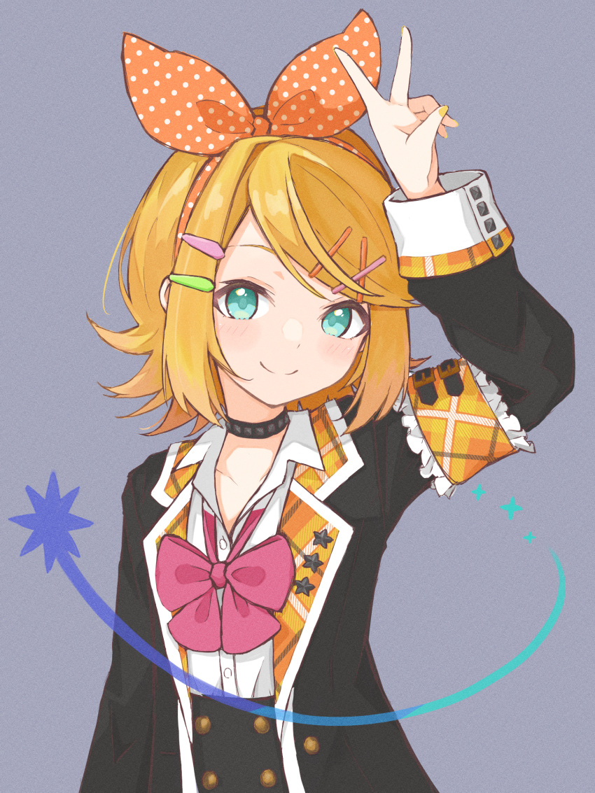 1girl, arm_up, armband, blonde_hair, blue_eyes, bow, bow_hairband, bowtie