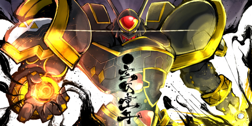 alphamon, armor, black_armor, black_helmet, bracelet, core, creature_focus, digicore