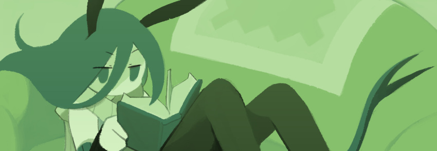 1girl, androgynous, antennae, book, couch, dweller's_empty_path, green_theme, hair_between_eyes