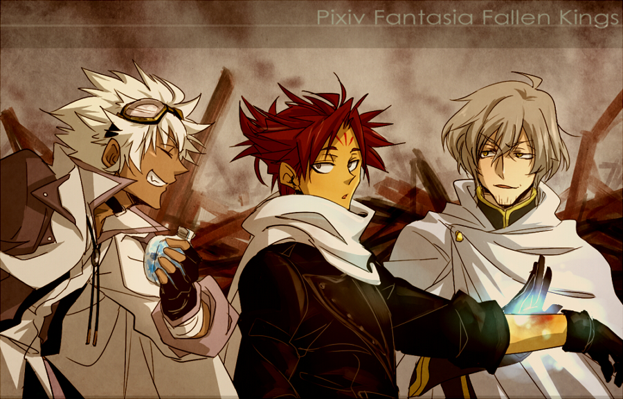 3boys, beard_stubble, black_gloves, black_shirt, brown_background, brown_hair, bruise_on_arm, cape