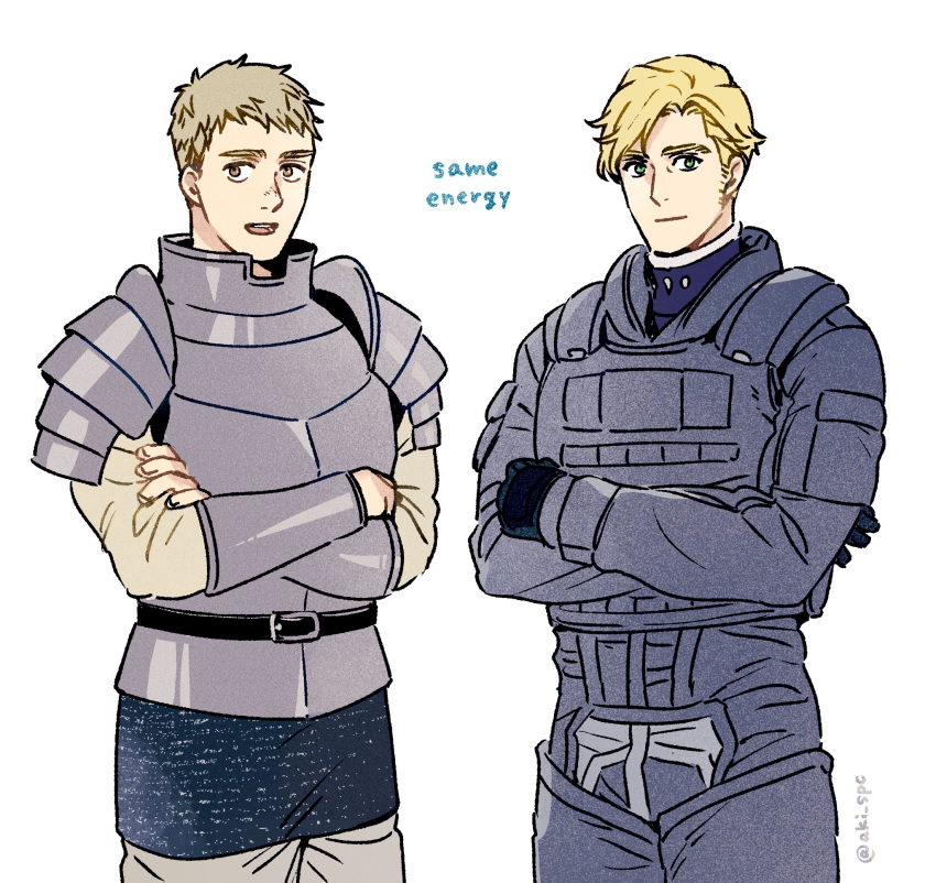 2boys, aki_(supekutooru), armor, blonde_hair, cowboy_shot, crossed_arms, crossover, dungeon_meshi