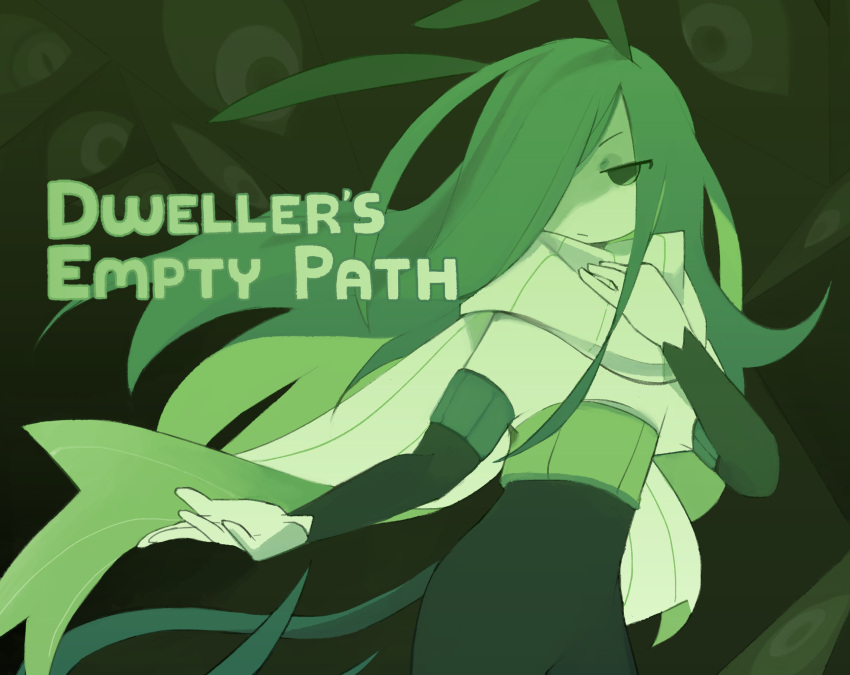 1girl, androgynous, antennae, copyright_name, dweller's_empty_path, english_text, green_theme, highres