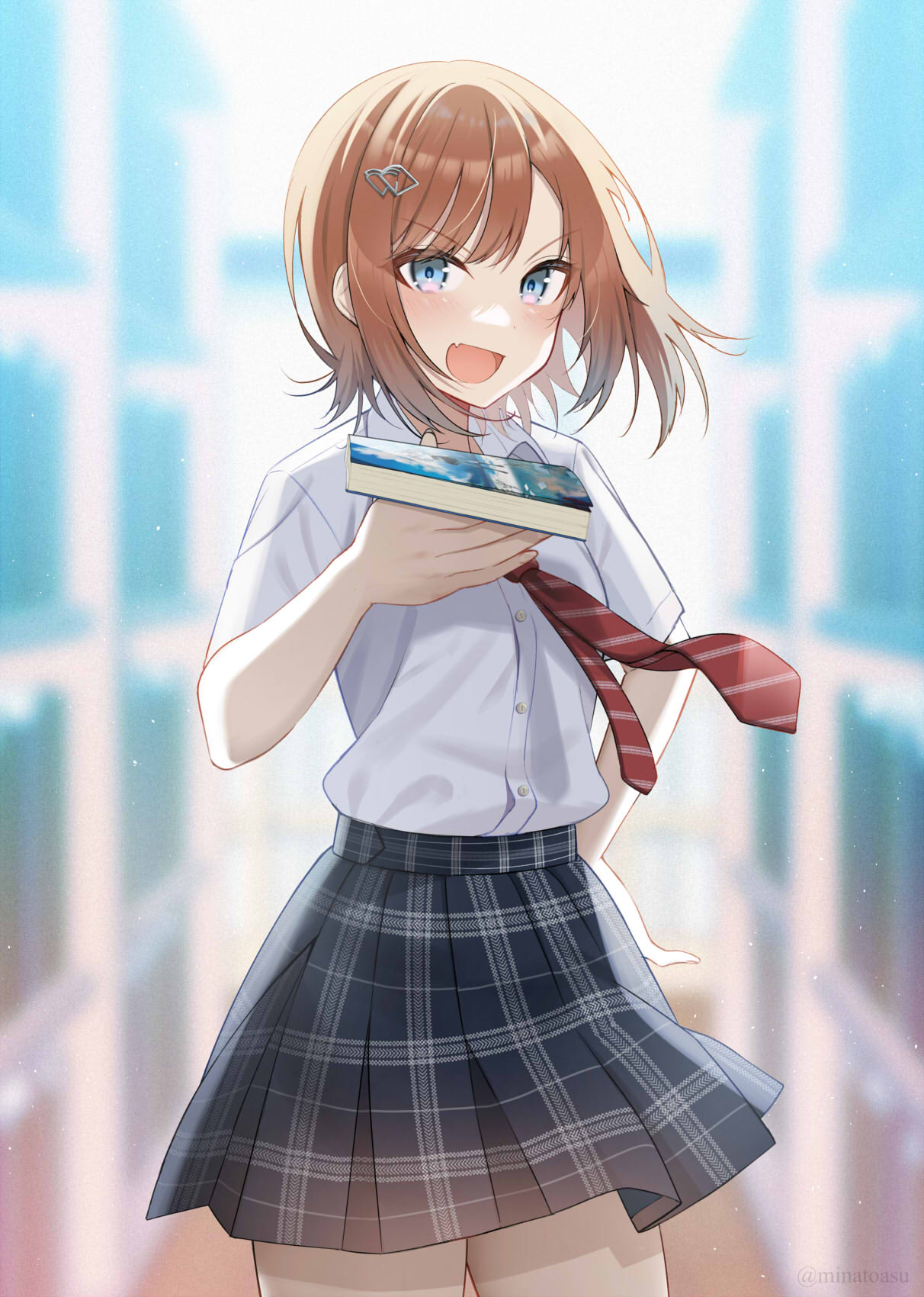 1girl, :d, black_skirt, blue_eyes, blurry, blurry_background, book, brown_hair