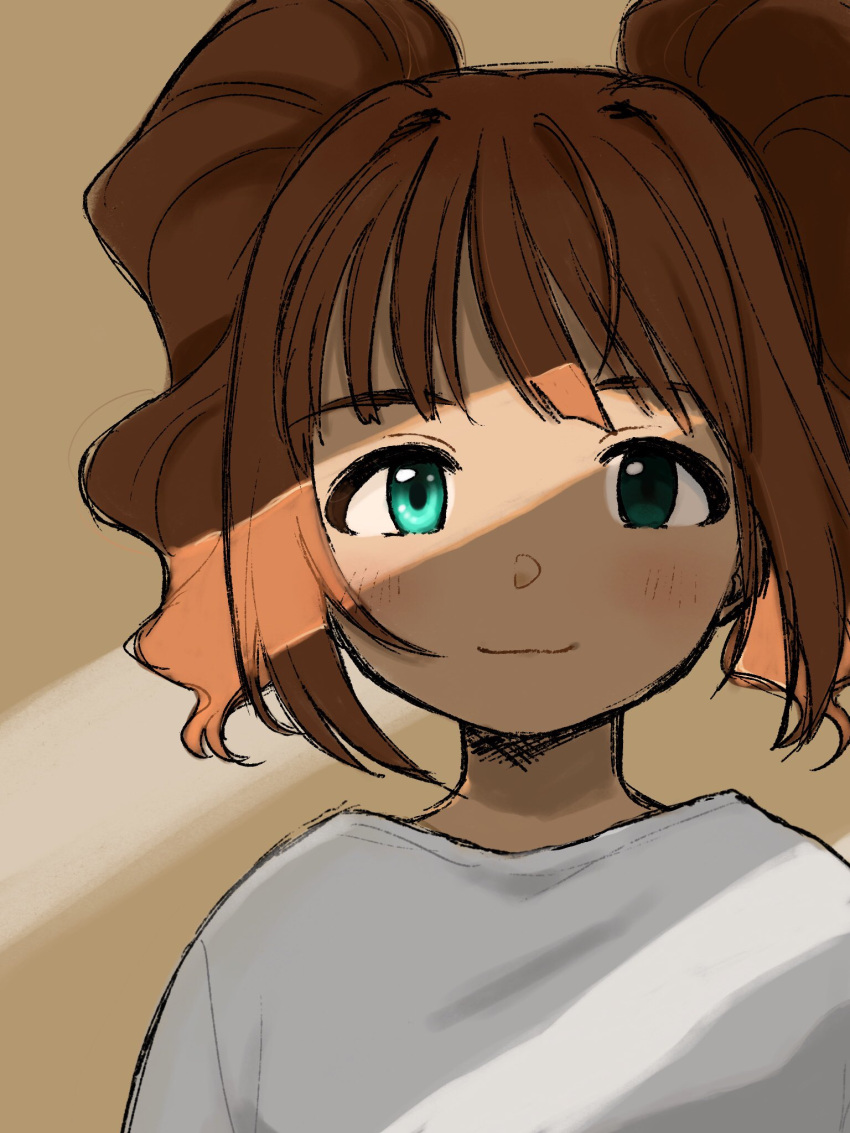 1girl, aqua_eyes, blunt_bangs, brown_hair, commentary, crack_of_light, highres, idolmaster