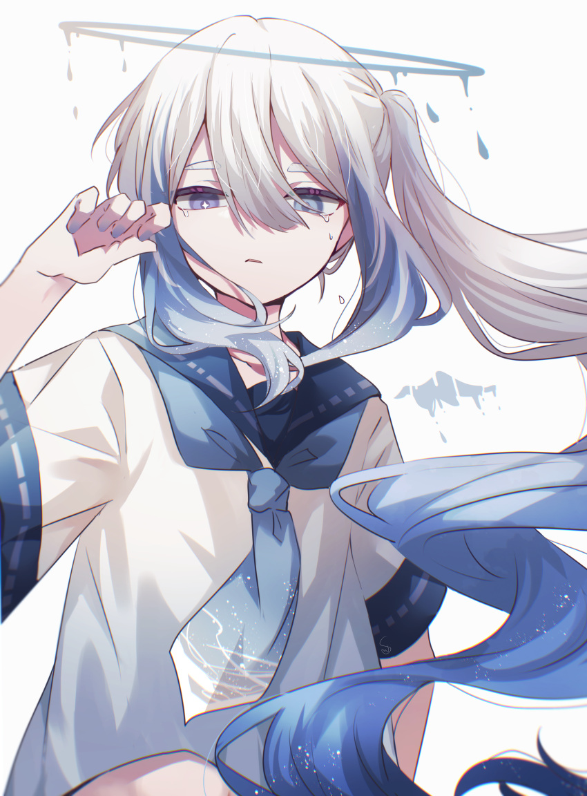 1boy, absurdres, blue_hair, blue_neckerchief, crossdressing, halo, highres, komiya_shuu, male_focus, neckerchief, original, otoko_no_ko, school_uniform, serafuku, side_ponytail, simple_background, white_background, white_hair