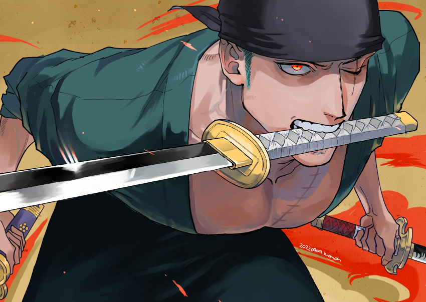 1boy, absurdres, bandana, black_bandana, dated, dual_wielding, green_kimono, highres