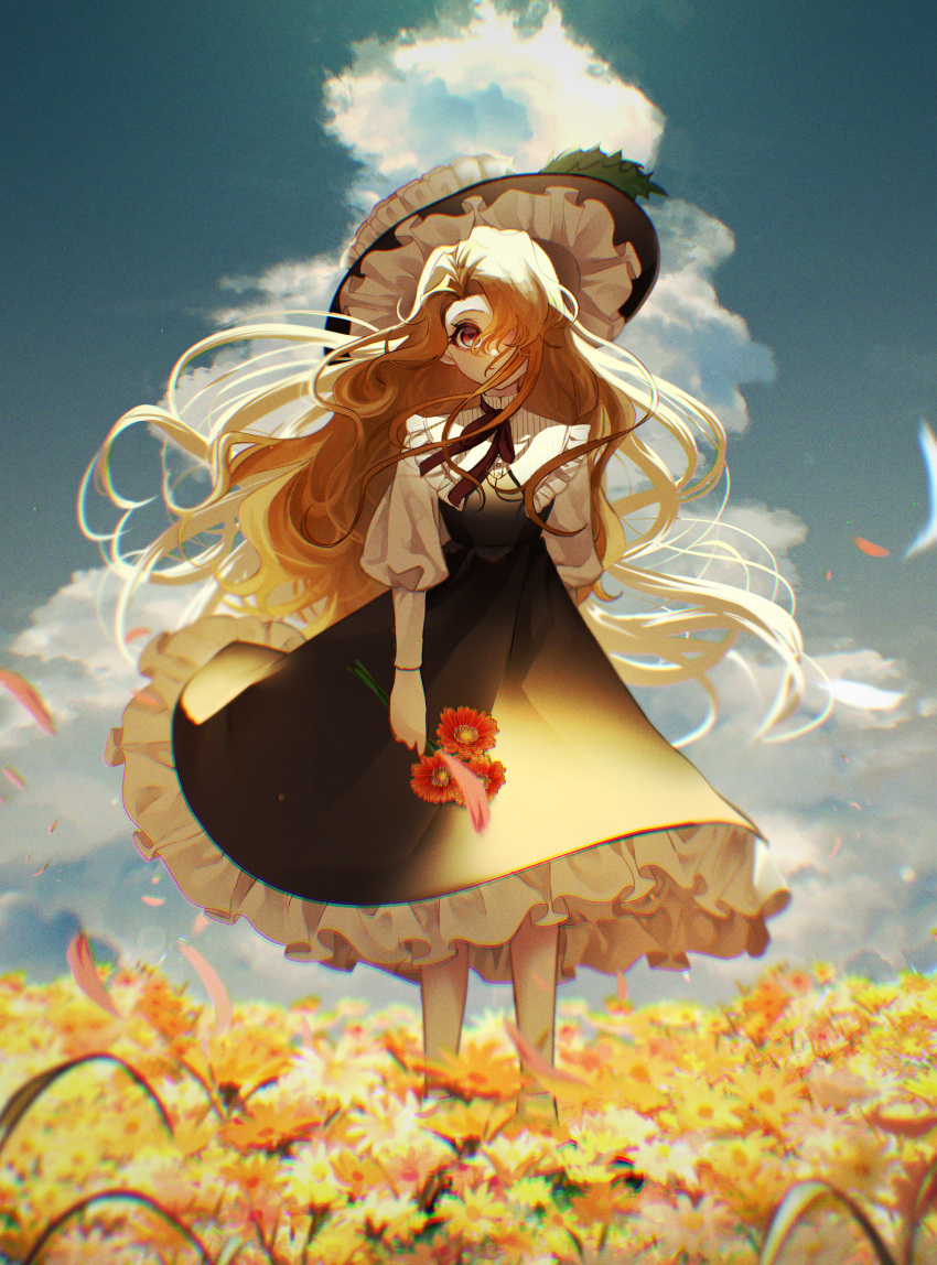 1girl, absurdres, black_dress, black_hair, blonde_hair, clouds, day, dolls_in_pseudo_paradise