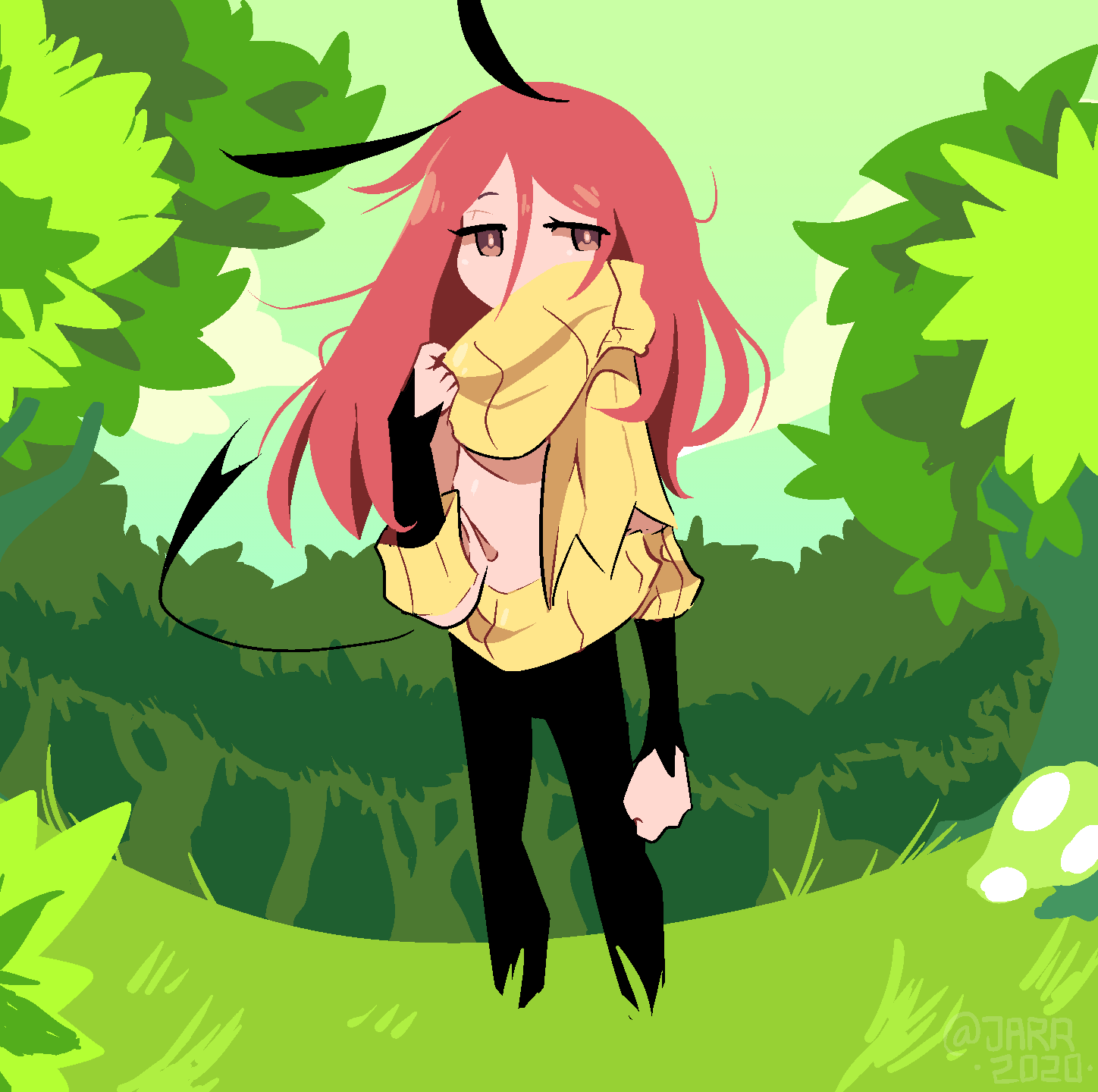 1girl, androgynous, antennae, brown_eyes, clouds, commentary, dweller's_empty_path, english_commentary, full_body, grass, highres, long_hair, mushroom, outdoors, pants, redhead, scarf, sky, solo, standing, stardustjarr, sweater, tail, very_long_hair, yoki_(dweller's_empty_path)