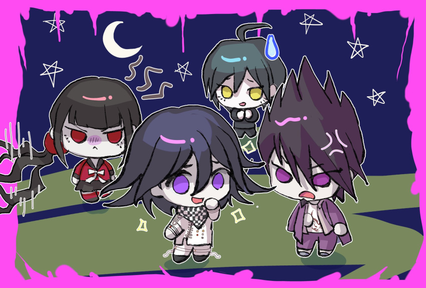 1girl, 3boys, :<, ahoge, anger_vein, black_hair, black_sailor_collar, black_skirt, border, brown_hair, checkered_neckerchief, chibi, crescent_moon, danganronpa_(series), danganronpa_v3:_killing_harmony, grey_jacket, grey_pants, harukawa_maki, highres, jacket, low_twintails, mole, mole_under_eye, momota_kaito, moon, multiple_boys, neckerchief, oma_kokichi, open_clothes, open_jacket, pants, pink_border, pink_jacket, print_shirt, red_eyes, red_shirt, red_thighhighs, saihara_shuichi, sailor_collar, shirt, short_hair, skirt, thigh-highs, threyes, twintails, white_shirt, yellow_eyes