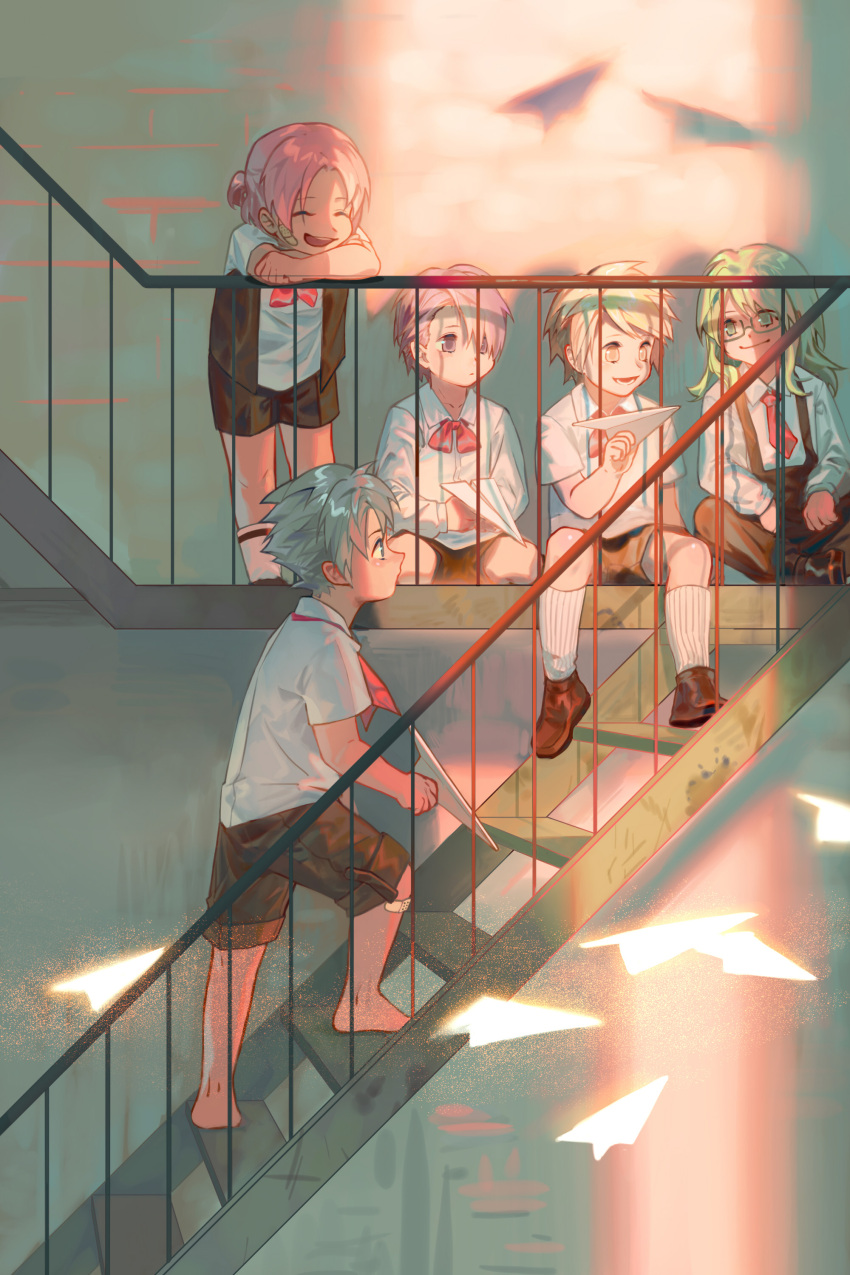 5boys, :d, ^_^, absurdres, against_railing, aged_down, bandaid, bandaid_on_knee