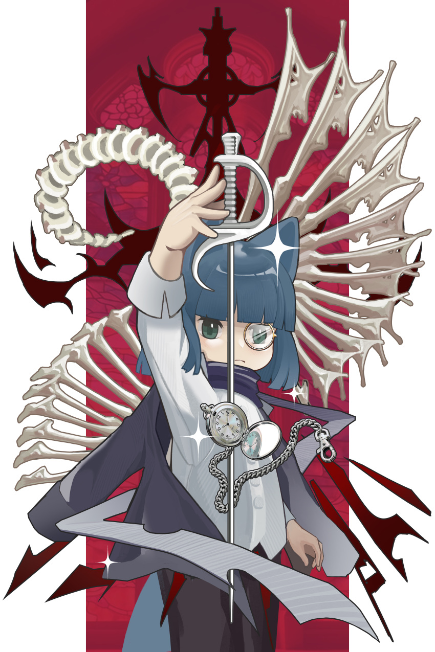 1girl, absurdres, animal_ears, blue_eyes, blue_hair, blue_scarf, blunt_bangs, bone