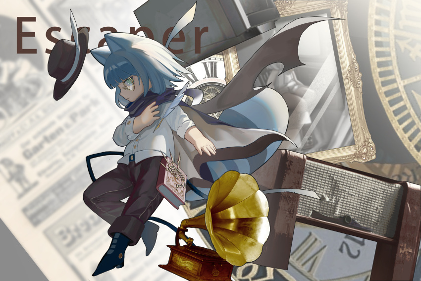 1girl, absurdres, animal_ears, black_footwear, black_hat, blue_hair, blue_scarf, boots
