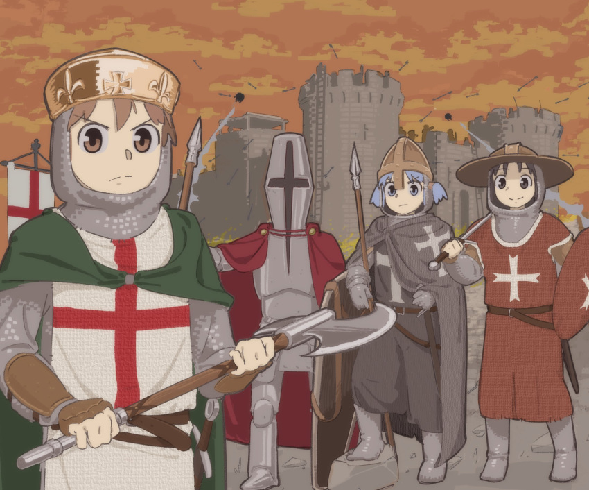3girls, aioi_yuuko, armor, arrow_(projectile), axe, battle, belt, black_coat