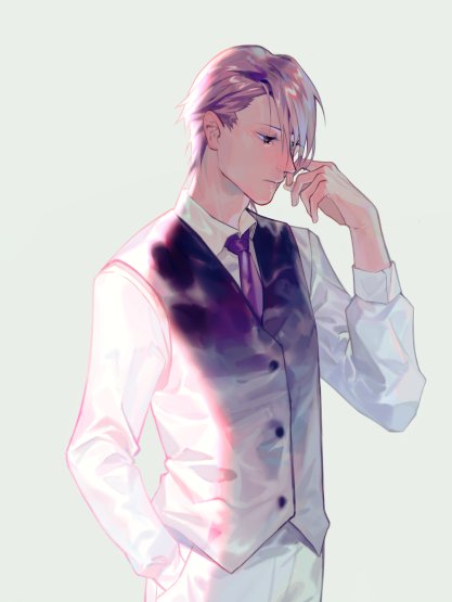 1boy, backlighting, closed_mouth, collared_shirt, cowboy_shot, expressionless, giulio_di_bondone, grey_background