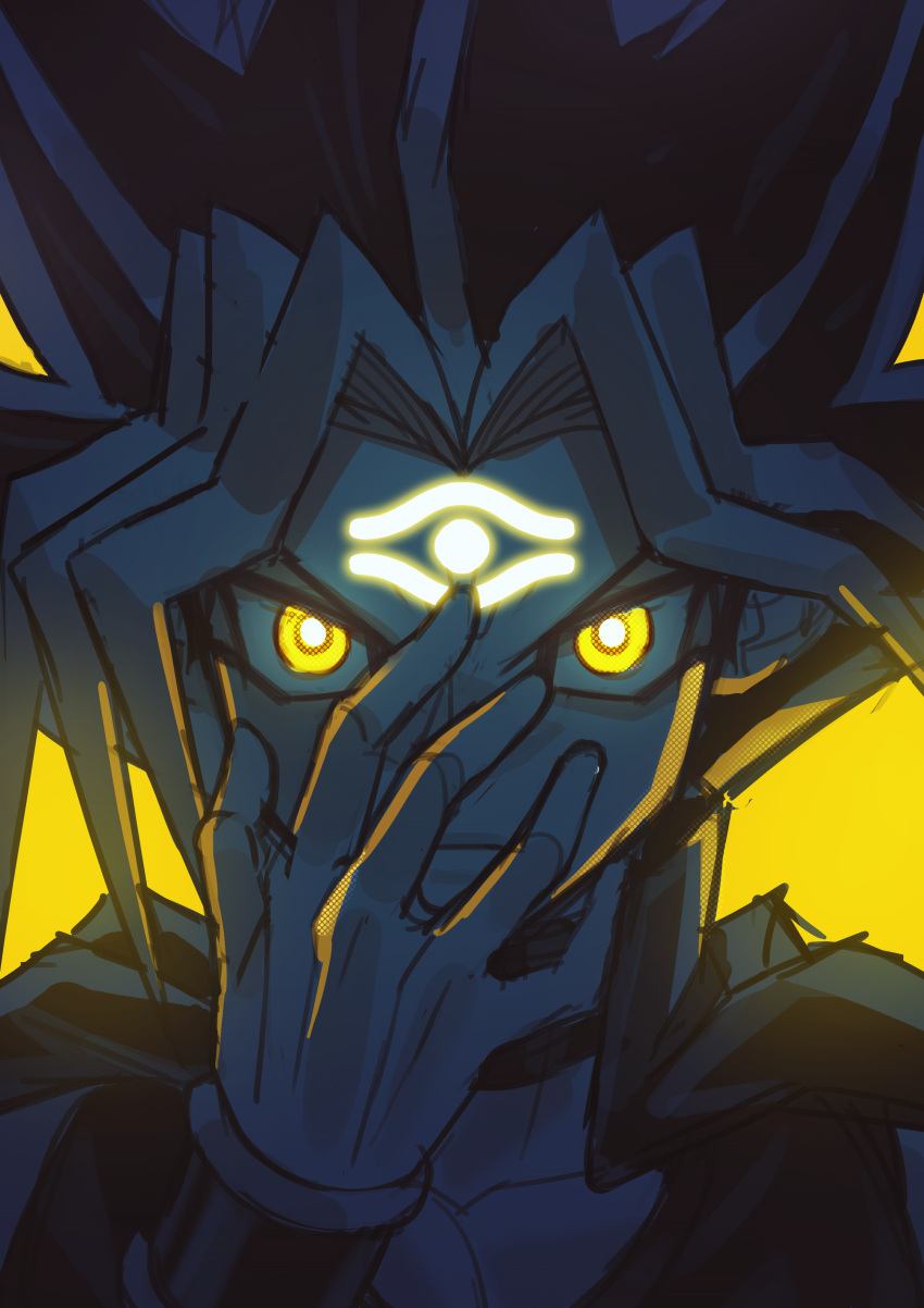 1boy, absurdres, backlighting, dandan_mong, dyed_bangs, glowing, glowing_eyes, glowing_tattoo