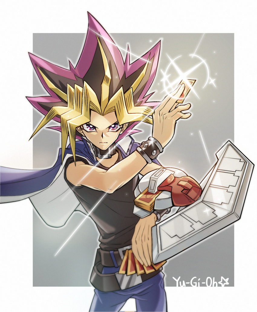1boy, black_hair, blonde_hair, card, dandan_mong, duel_disk, dyed_bangs, highres