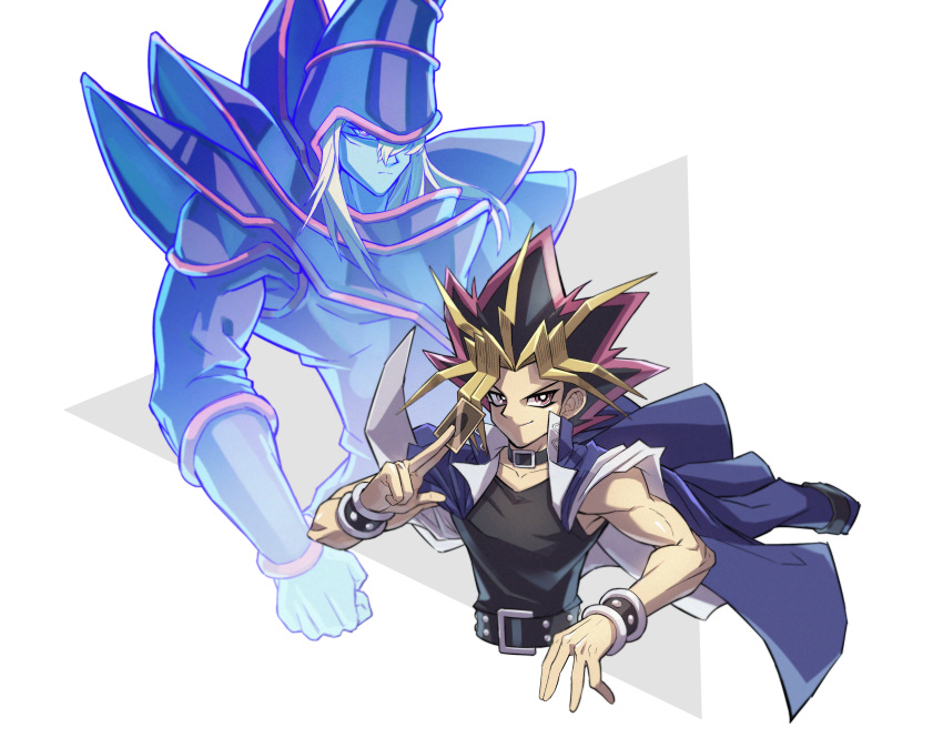 1boy, absurdres, black_hair, blonde_hair, card, cropped_torso, dandan_mong, dark_magician