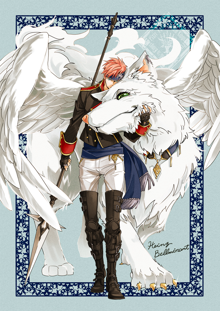 1boy, bellminant_(fallen_kings), black_footwear, black_gloves, blue_headband, boots, character_name, fikasu_(higekunee)