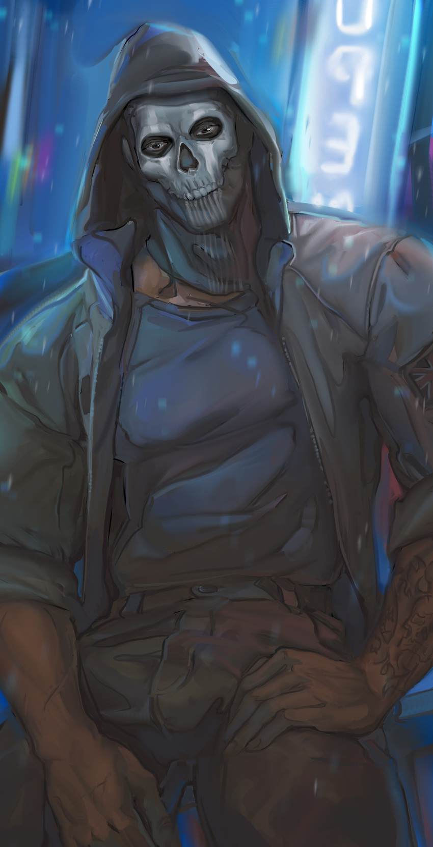 1boy, absurdres, arm_tattoo, black_jacket, black_pants, black_shirt, call_of_duty, call_of_duty:_modern_warfare_2, freesilverwind, ghost_(modern_warfare_2), highres, hood, hood_up, hooded_jacket, jacket, large_pectorals, looking_at_viewer, male_focus, mask, muscular, muscular_male, open_clothes, open_jacket, outdoors, pants, pectorals, shirt, skull_mask, soap_(modern_warfare_2), solo, tattoo