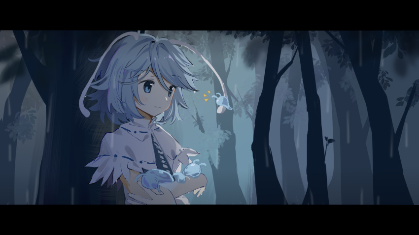1other, androgynous, animal, antennae, bare_arms, blue_eyes, blue_hair, blue_vest