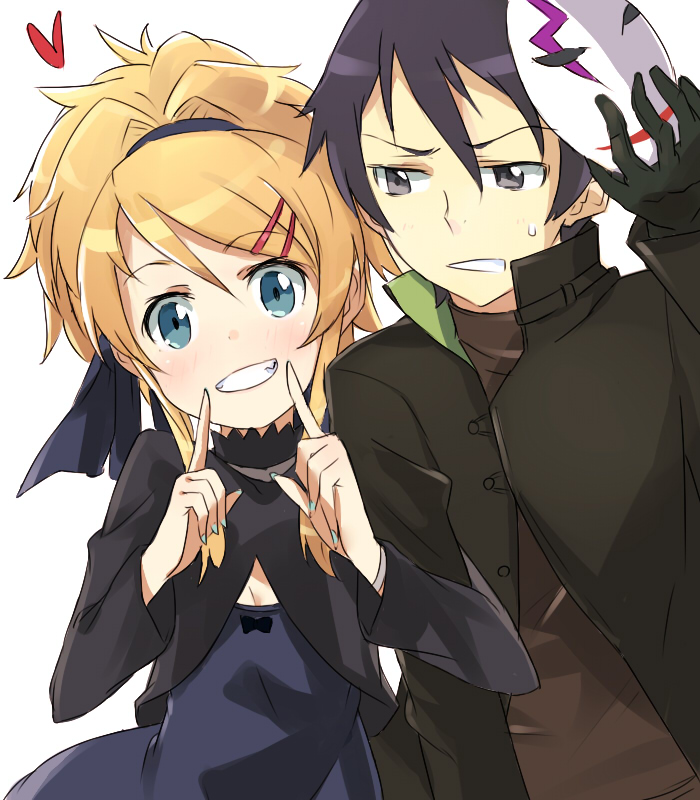 brother_and_sister, cosplay, crossover, darker_than_black, fingersmile, grin, hair_ornament, hairclip