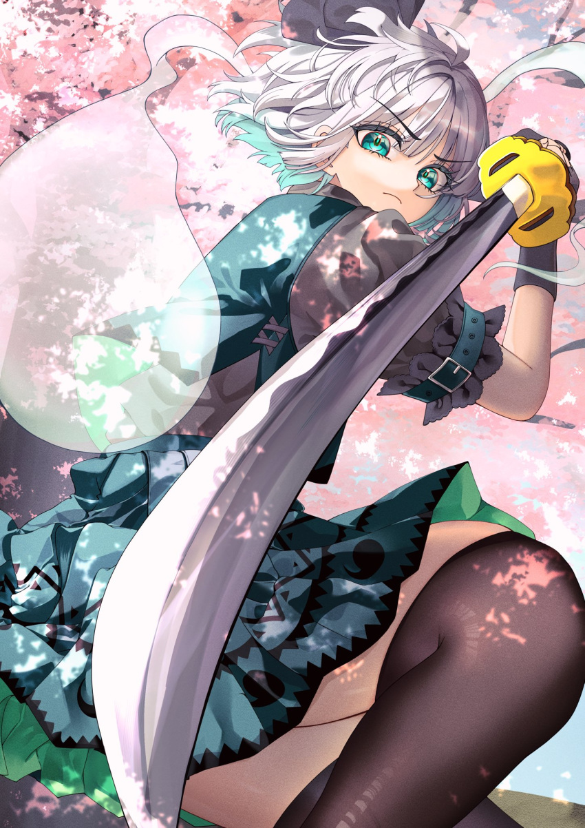 1girl, 22_zefar, black_hairband, black_thighhighs, cherry_blossoms, closed_mouth, commentary_request, ghost