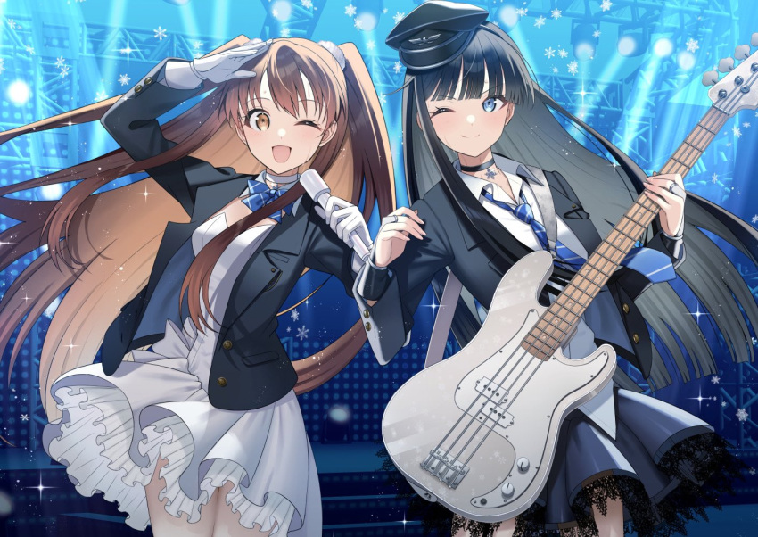 2girls, ;d, black_choker, black_dress, black_hair, black_hat, black_jacket, blue_bow