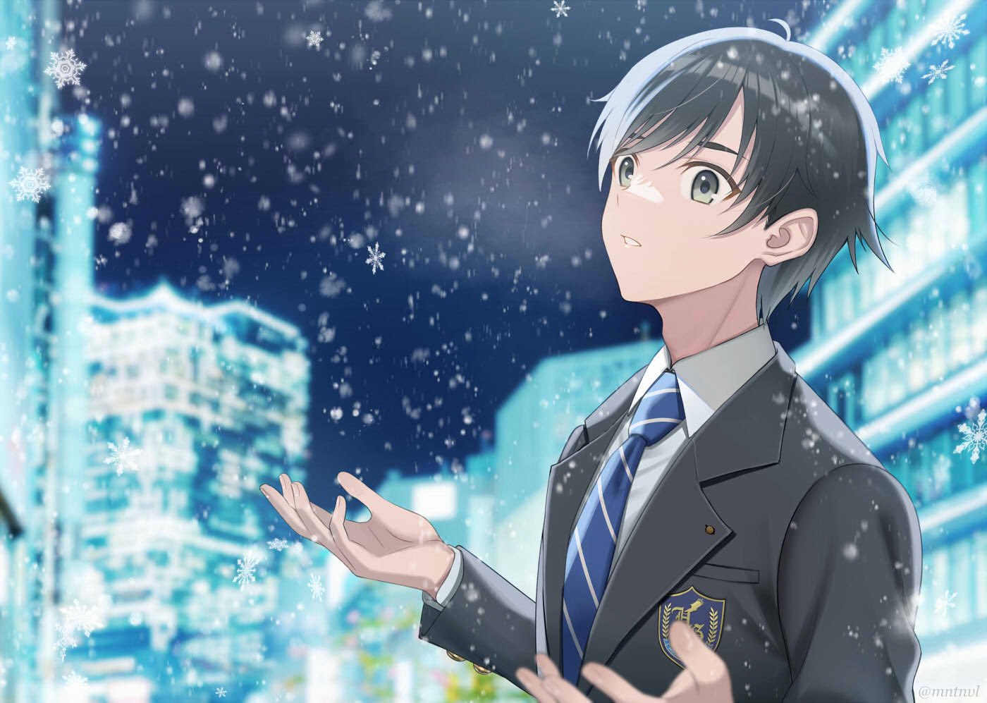 1boy, black_hair, black_jacket, blue_necktie, collared_shirt, grey_eyes, houjou_high_school_uniform, jacket