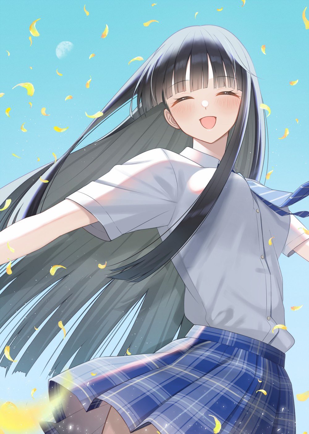 1girl, ^_^, black_hair, blue_necktie, blue_skirt, blush, breasts, closed_eyes