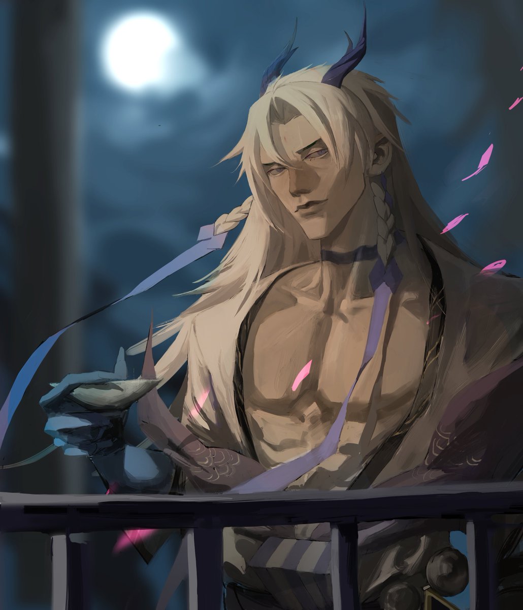 1boy, abs, blue_eyes, blue_ribbon, braid, cherry_blossoms, claws, closed_mouth