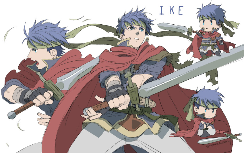 1boy, absurdres, blue_eyes, blue_hair, cape, character_name, chibi, fingerless_gloves