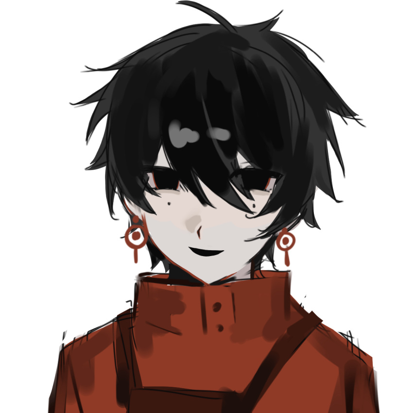 1boy, black_eyes, black_hair, chinese_commentary, commentary_request, earrings, high_collar, highres, jacket, jewelry, li_yuting_(male), looking_at_viewer, male_focus, mole, mole_under_each_eye, mole_under_eye, multiple_moles, open_mouth, portrait, red_jacket, rkdexiaohuangya, short_hair, simple_background, smile, solo, touqi_guaitan, white_background