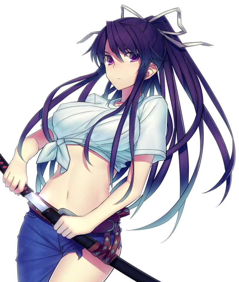 asymmetrical_clothing, belt, breasts, front-tie_top, hair_ribbon, kanzaki_kaori, katana, large_breasts