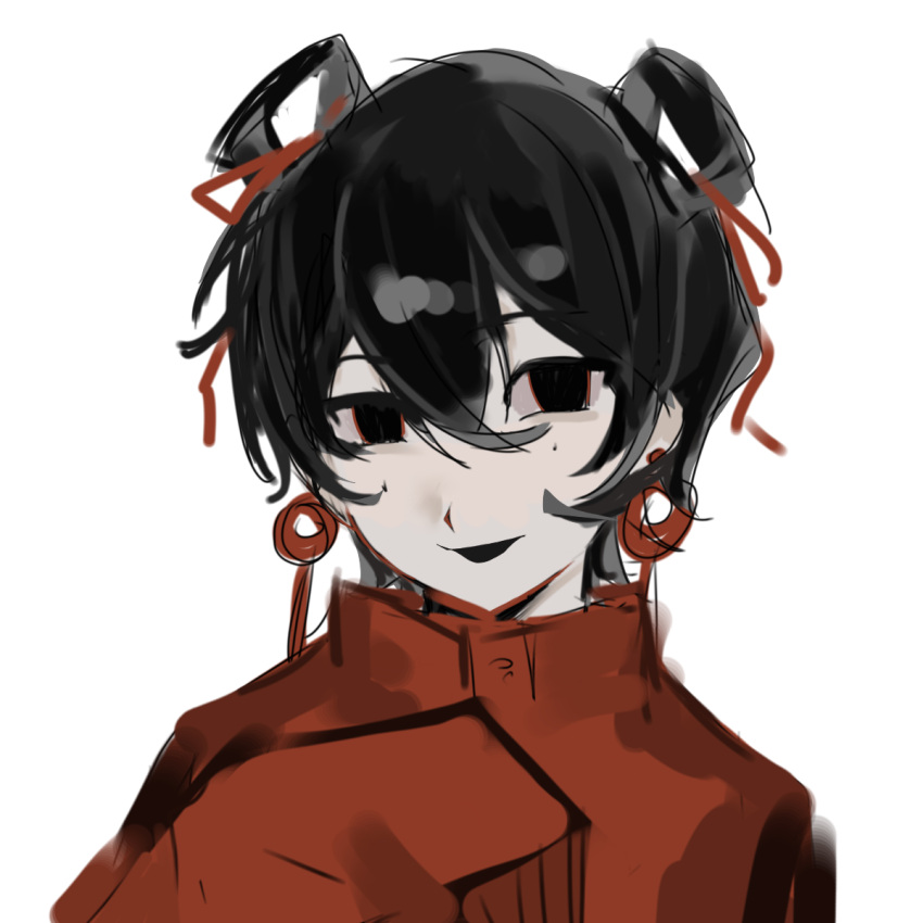 1girl, black_eyes, black_hair, chinese_commentary, commentary_request, hair_between_eyes, hair_ribbon, hair_rings