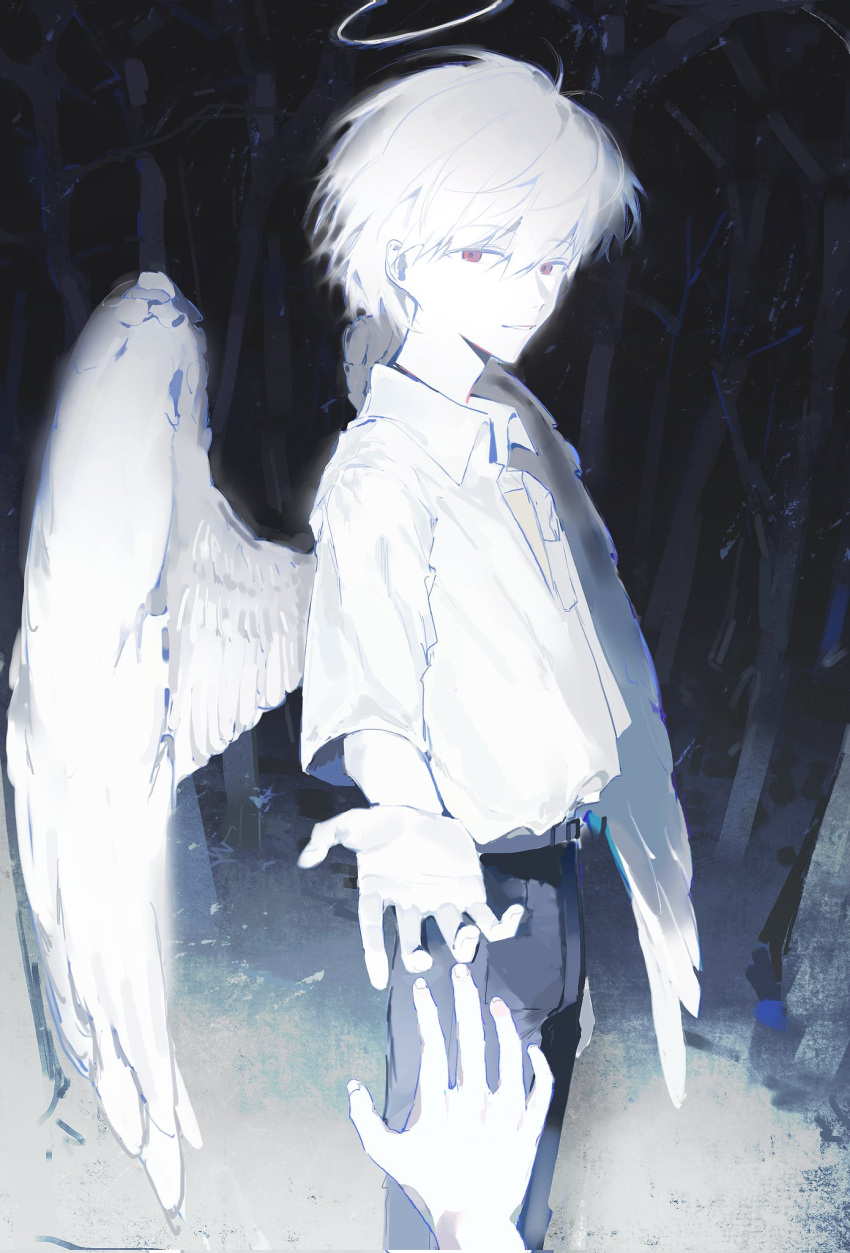 2boys, angel_wings, black_pants, collared_shirt, dark_background, feathered_wings, fengguai, forest