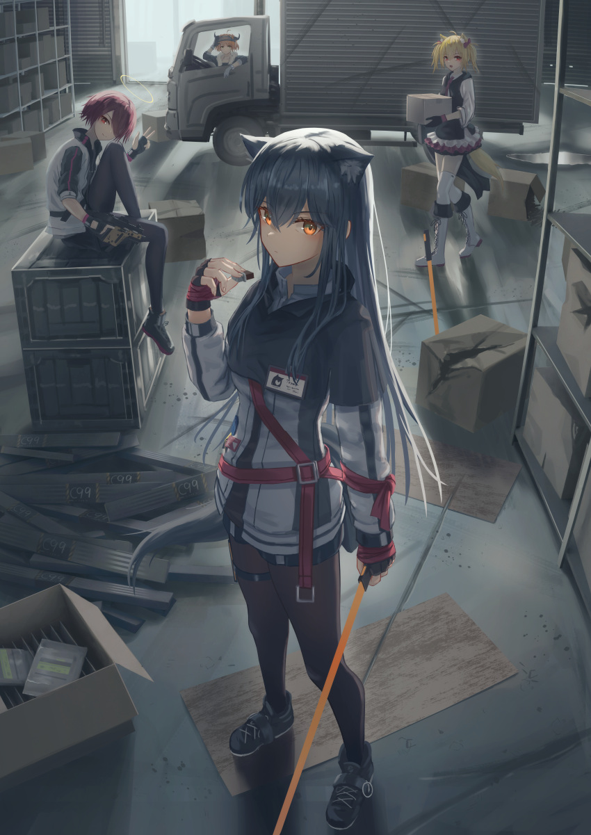 absurdres, animal_ears, arknights, arm_up, black_capelet, black_footwear, black_gloves, black_pantyhose