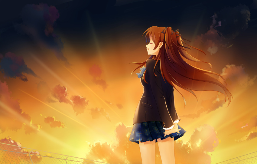 1girl, absurdres, arm_behind_back, black_jacket, black_ribbon, blue_bow, blue_bowtie, blue_skirt, bow, bowtie, breasts, brown_eyes, brown_hair, closed_eyes, cowboy_shot, from_side, hair_between_eyes, highres, houjou_high_school_uniform, jacket, long_hair, medium_breasts, music, ogiso_setsuna, open_mouth, outdoors, plaid_clothes, plaid_skirt, ribbon, school_uniform, singing, skirt, smile, solo, standing, sunset, twintails, white_album_(series), white_album_2, yumeiro_hanabi