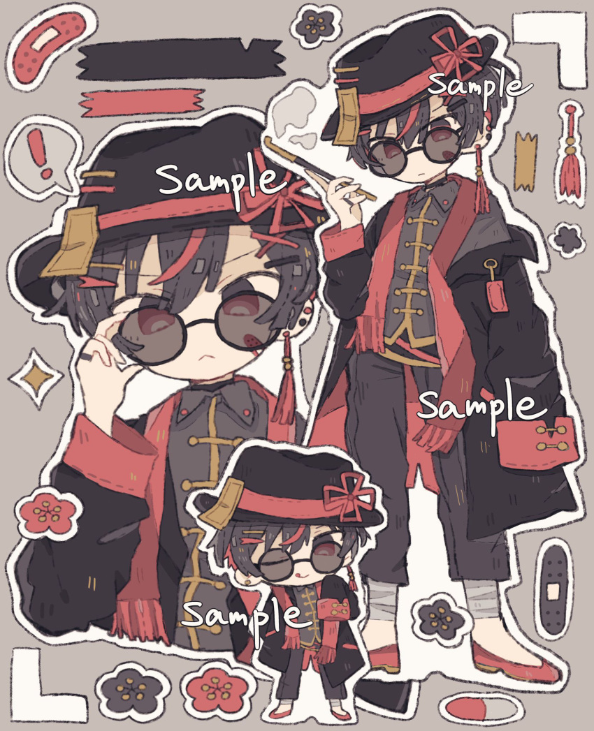 !, 1boy, bandaid, black_bandaid, black_eyes, black_flower, black_hair, black_hat